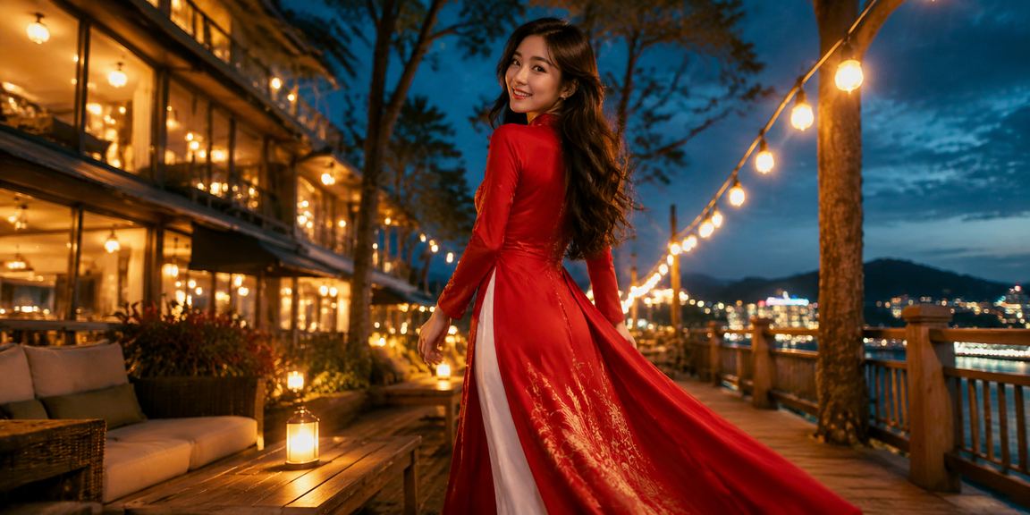 Người dùng xem kết quả xổ số buổi tối tại Đà Lạt trong trang phục áo dài truyền thống